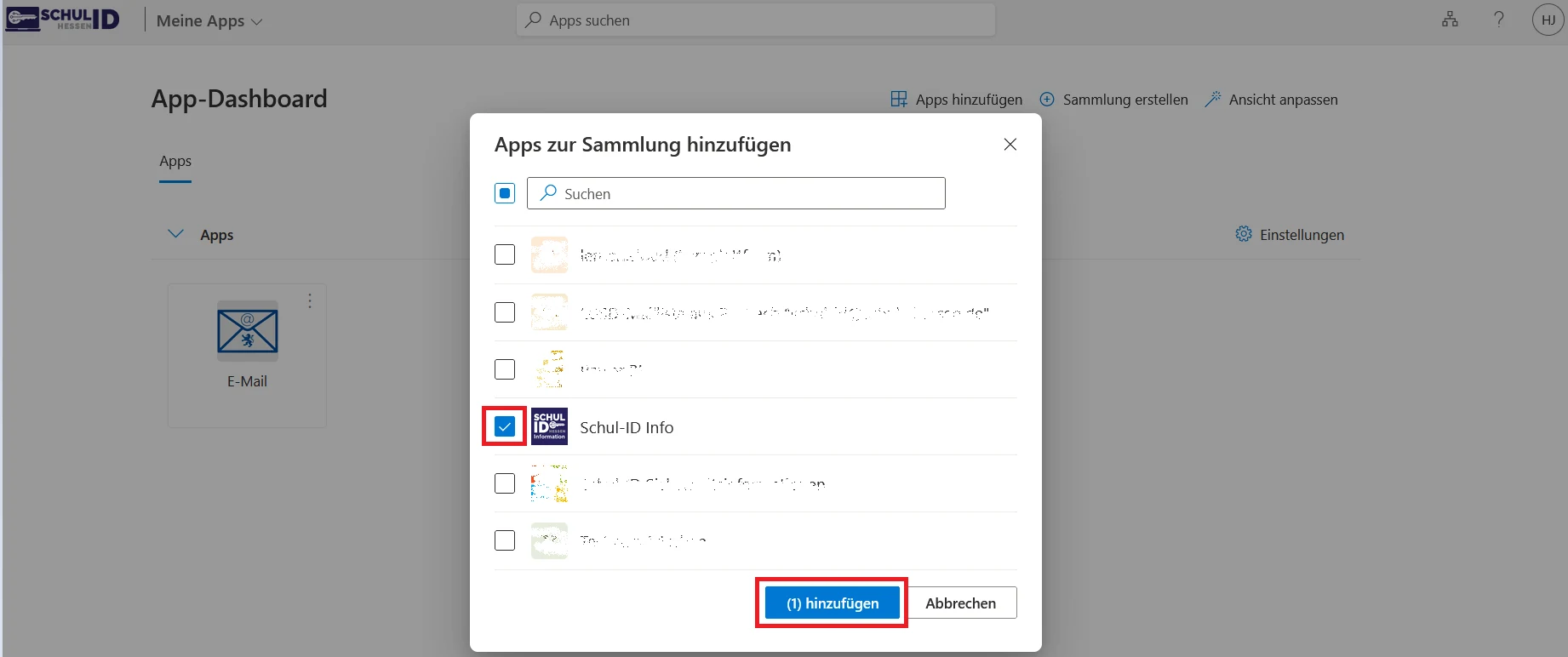 Dialog zum Hinzufügen von Apps aus der Bibliothek mit markierter App und Schaltfläche Hinzufügen.