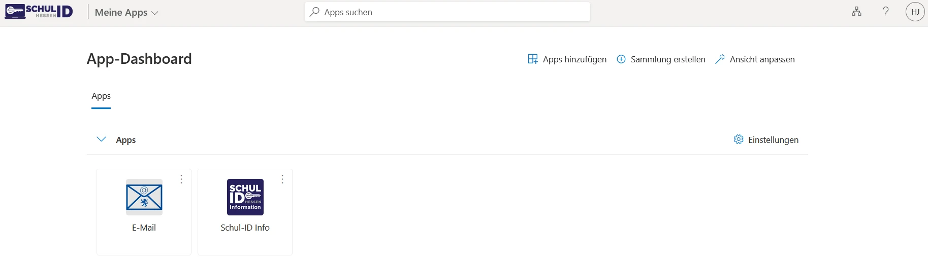 App-Dashboard mit wiederhergestellten App-Kacheln.
