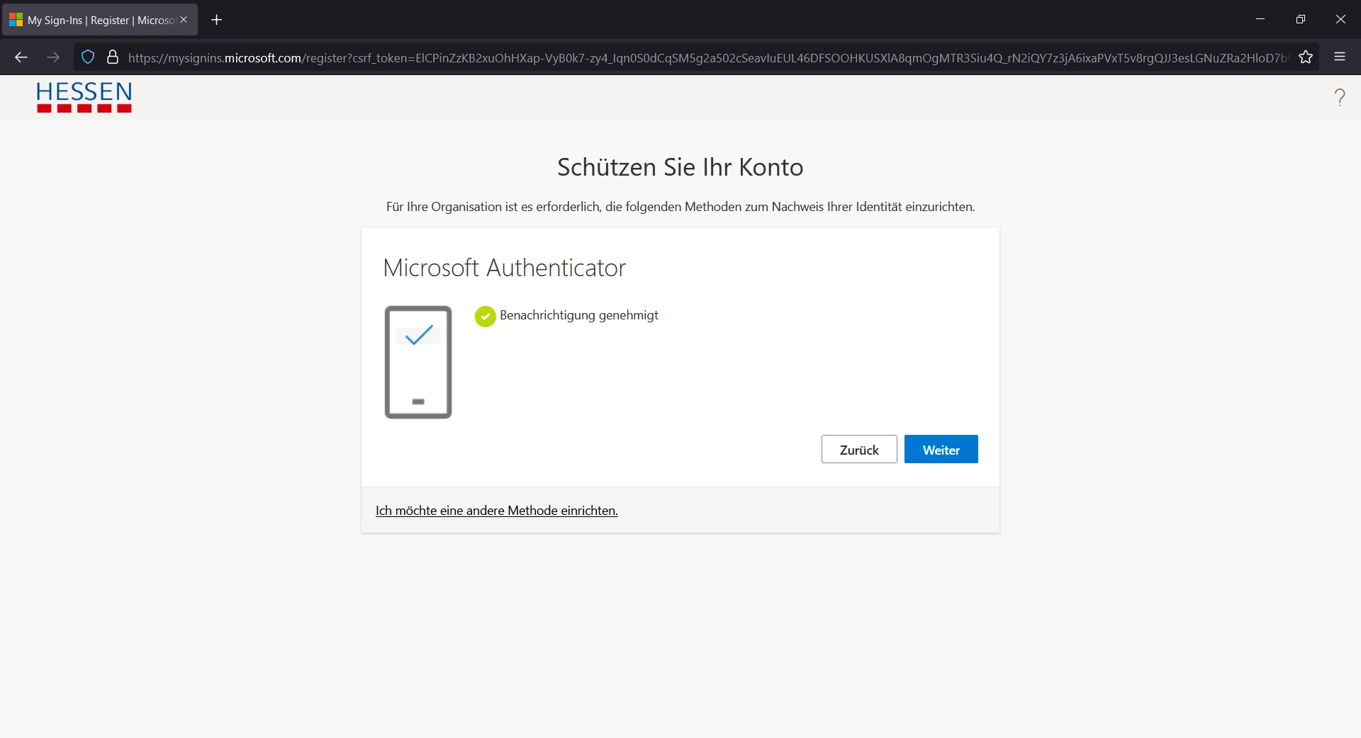 Browser mit Rückmeldung Berechtigung genehmigt.