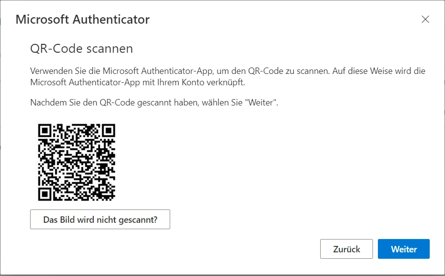 Im Browser angezeigter QR-Code für Microsoft Authenticator.