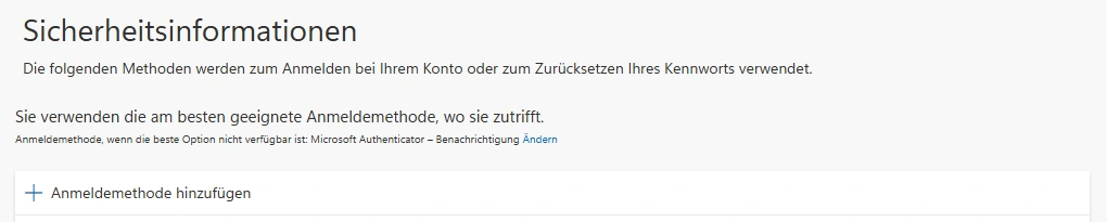 Aktueller Microsoft-Bereich Sicherheitsinformationen mit der Schaltfläche Anmeldemethode hinzufügen.