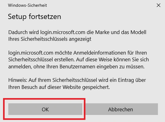 Windows-Sicherheit mit Informationen zum Fortsetzen des Setups.