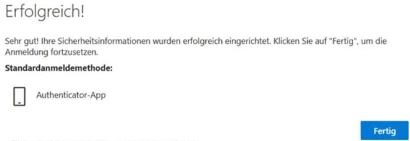 Erfolgsmeldung nach der Einrichtung einer Authenticator-App als Sicherheitsinformation.