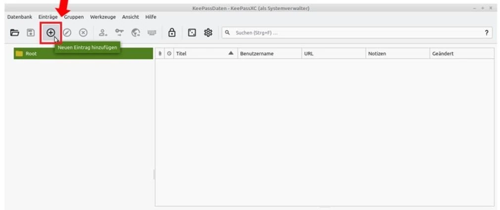 KeePassXC-Hauptfenster mit markiertem Plus-Symbol zum Hinzufügen eines neuen Eintrags.