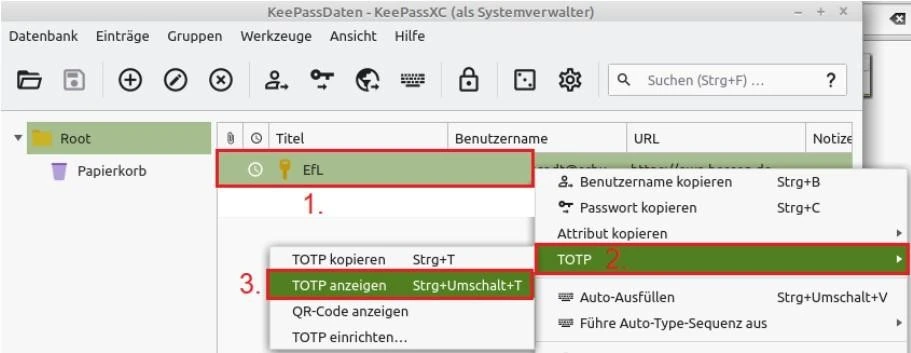 KeePassXC-Kontextmenü mit der Funktion TOTP anzeigen.