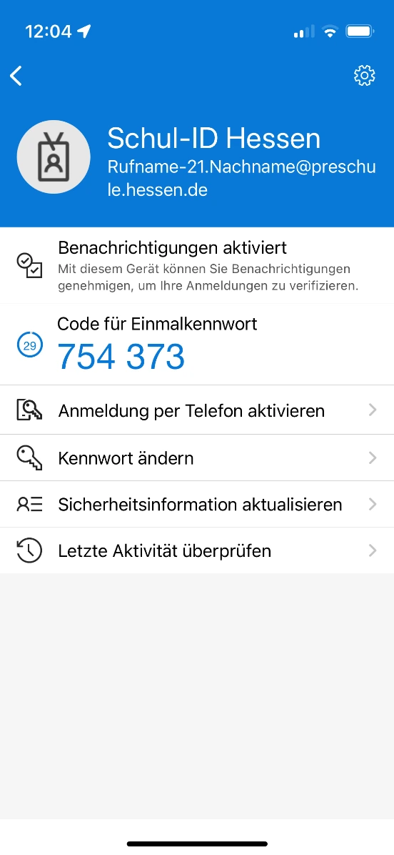 Kontoansicht in Microsoft Authenticator mit dem Eintrag Anmeldung per Telefon aktivieren.
