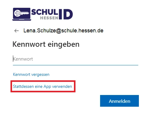 Anmeldeseite der Schul-ID Hessen mit dem Link Stattdessen eine App verwenden.