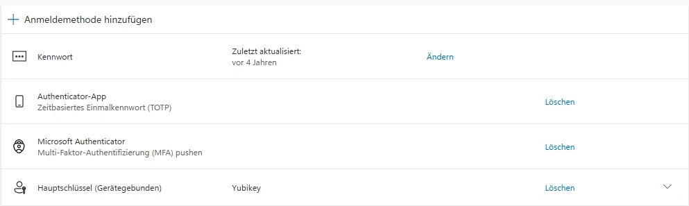 Ausschnitt der Sicherheitsinformationen mit mehreren hinterlegten Methoden und der Schaltfläche Löschen.